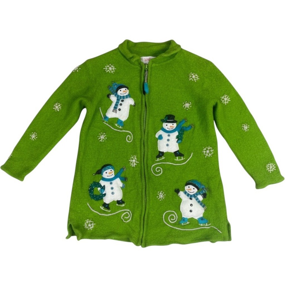 Quacker Factory Wool Snowman Cardigan Womens M Green Zip Embroidered Christmas